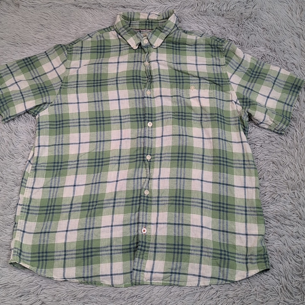 Weather Vintage Shirt Mens XXL Green Linen Blend Button Up Pocket Comfort Casual